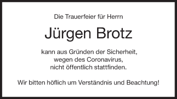 Traueranzeige von Jürgen Brotz von Haller Tagblatt