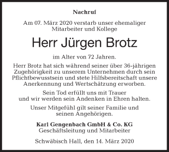 Traueranzeige von Jürgen Brotz von Haller Tagblatt