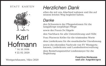 Traueranzeige von Karl Hofmann von Hohenloher Tagblatt