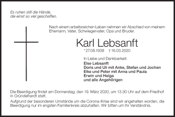 Traueranzeige von Karl Lebsanft von Hohenloher Tagblatt