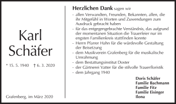 Traueranzeige von Karl Schäfer von Metzinger-Uracher Volksblatt