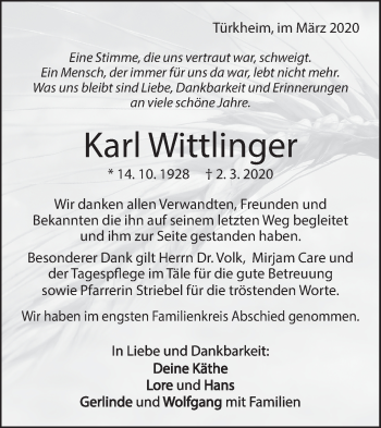 Traueranzeige von Karl Wittlinger von Geislinger Zeitung