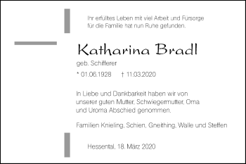 Traueranzeige von Katharina Bradl von Haller Tagblatt