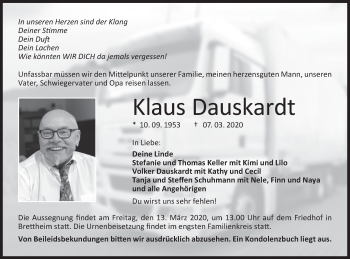 Traueranzeige von Klaus Dauskardt von Hohenloher Tagblatt