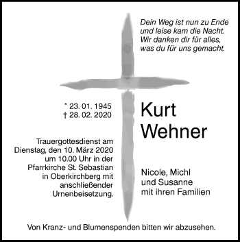 Traueranzeige von Kurt Wehner von SÜDWEST PRESSE Ausgabe Ulm/Neu-Ulm