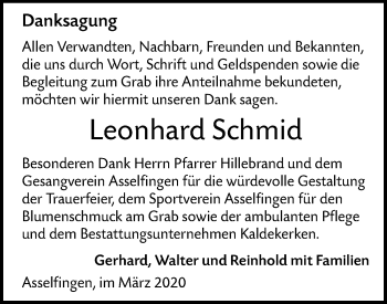 Traueranzeige von Leonhard Schmid von SÜDWEST PRESSE Ausgabe Ulm/Neu-Ulm