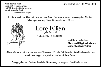 Traueranzeige von Lore Kilian von Rundschau Gaildorf