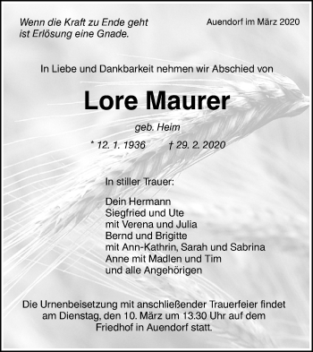 Traueranzeige von Lore Maurer von NWZ Neue Württembergische Zeitung/Geislinger Zeitung