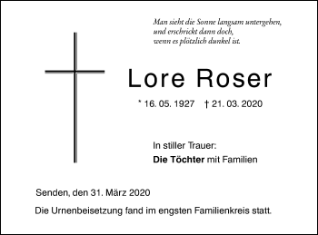 Traueranzeige von Lore Roser von SÜDWEST PRESSE Ausgabe Ulm/Neu-Ulm