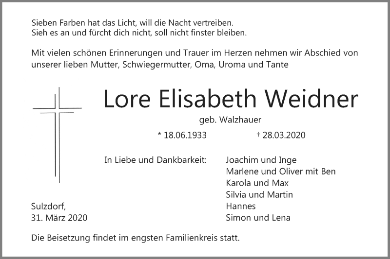  Traueranzeige für Lore Elisabeth Weidner vom 31.03.2020 aus Haller Tagblatt