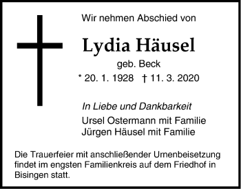 Traueranzeige von Lydia Häusel von Hohenzollerische Zeitung