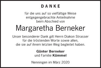 Traueranzeige von Margaretha Berneker von NWZ Neue Württembergische Zeitung