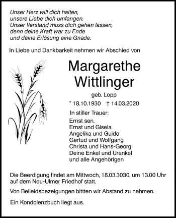 Traueranzeige von Margarethe Wittlinger von SÜDWEST PRESSE Ausgabe Ulm/Neu-Ulm