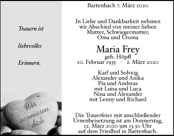 Traueranzeige von Maria Frey von NWZ Neue Württembergische Zeitung