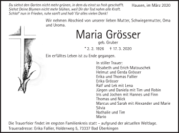 Traueranzeige von Maria Grösser von Geislinger Zeitung