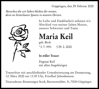 Traueranzeige von Maria Keil von NWZ Neue Württembergische Zeitung