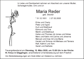 Traueranzeige von Maria Reder von SÜDWEST PRESSE Ausgabe Ulm/Neu-Ulm