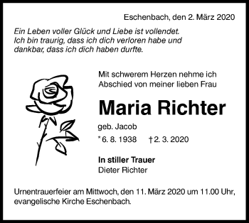 Traueranzeige von Maria Richter von NWZ Neue Württembergische Zeitung