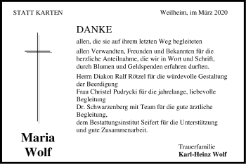 Traueranzeige von Maria Wolf von Hohenzollerische Zeitung