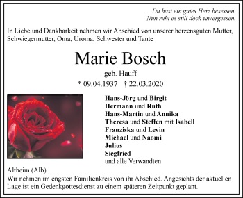 Traueranzeige von Marie Bosch von SÜDWEST PRESSE Ausgabe Ulm/Neu-Ulm