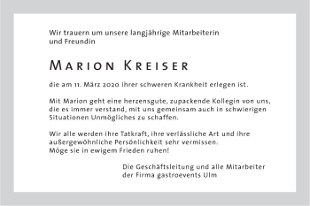 Traueranzeige von Marion Kreiser von SÜDWEST PRESSE Ausgabe Ulm/Neu-Ulm