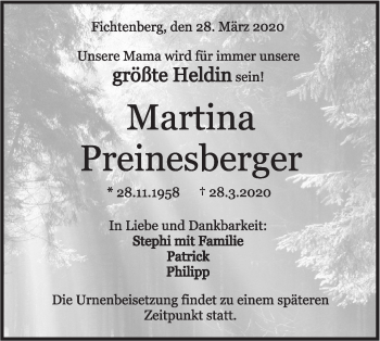 Traueranzeige von Martina Preinesberger von Rundschau Gaildorf