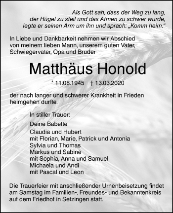 Traueranzeige von Matthäus Honold von SÜDWEST PRESSE Ausgabe Ulm/Neu-Ulm