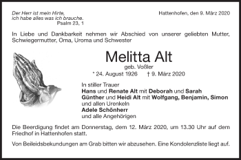 Traueranzeige von Melitta Alt von NWZ Neue Württembergische Zeitung