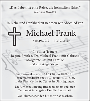 Traueranzeige von Michael Frank von SÜDWEST PRESSE Ausgabe Ulm/Neu-Ulm