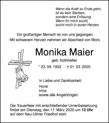 Traueranzeige von Monika Maier von SÜDWEST PRESSE Ausgabe Ulm/Neu-Ulm