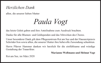 Traueranzeige von Paula Vogt von Hohenloher Tagblatt