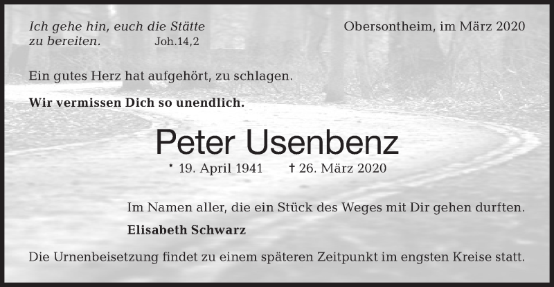  Traueranzeige für Peter Usenbenz vom 31.03.2020 aus Haller Tagblatt