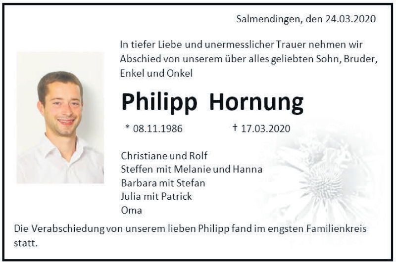  Traueranzeige für Philipp Hornung vom 24.03.2020 aus Hohenzollerische Zeitung