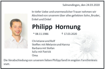 Traueranzeige von Philipp Hornung von Hohenzollerische Zeitung