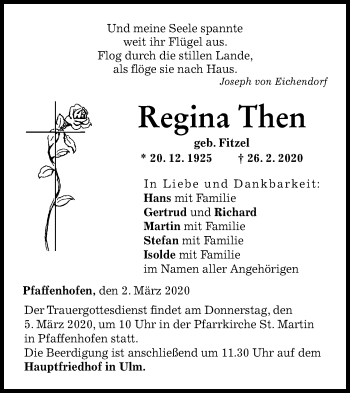 Traueranzeige von Regina Then von SÜDWEST PRESSE Ausgabe Ulm/Neu-Ulm