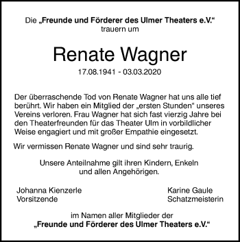 Traueranzeige von Renate Wagner von SÜDWEST PRESSE Ausgabe Ulm/Neu-Ulm