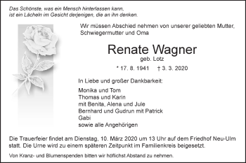 Traueranzeige von Renate Wagner von SÜDWEST PRESSE Ausgabe Ulm/Neu-Ulm