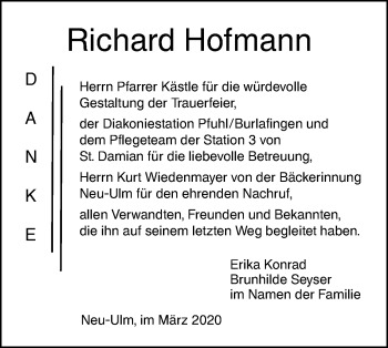 Traueranzeige von Richard Hofmann von SÜDWEST PRESSE Ausgabe Ulm/Neu-Ulm