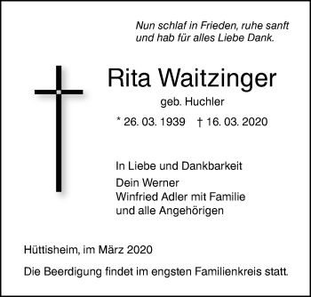 Traueranzeige von Rita Waitzinger von SÜDWEST PRESSE Ausgabe Ulm/Neu-Ulm