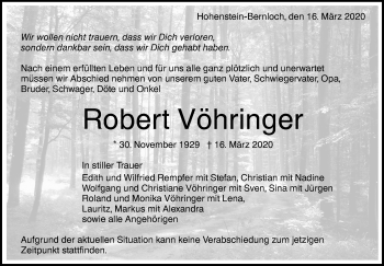 Traueranzeige von Robert Vöhringer von Alb-Bote/Metzinger-Uracher Volksblatt