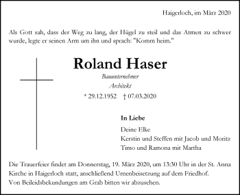 Traueranzeige von Roland Haser von Hohenzollerische Zeitung