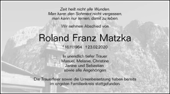 Traueranzeige von Roland Franz Matzka von SÜDWEST PRESSE