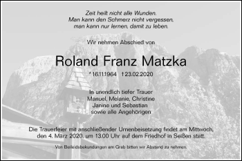 Traueranzeige von Roland Franz Matzka von SÜDWEST PRESSE Ausgabe Ulm/Neu-Ulm