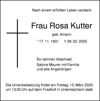 Traueranzeige von Rosa Kutter von Illertal Bote