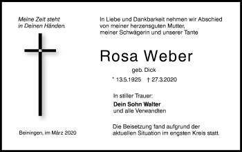 Traueranzeige von Rosa Weber von SÜDWEST PRESSE Ausgabe Ulm/Neu-Ulm