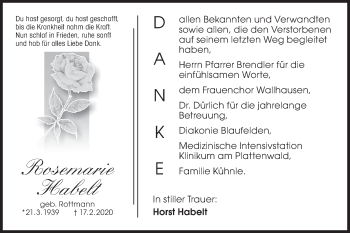 Traueranzeige von Rosemarie Habelt von Hohenloher Tagblatt