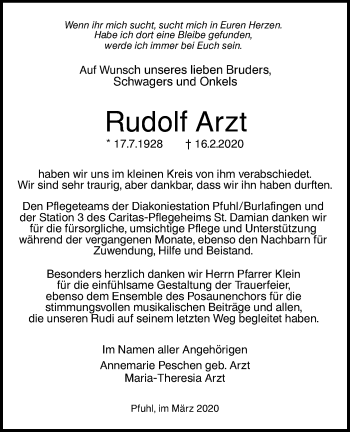 Traueranzeige von Rudolf Arzt von SÜDWEST PRESSE Ausgabe Ulm/Neu-Ulm