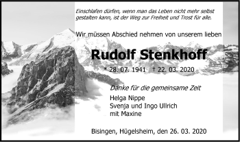 Traueranzeige von Rudolf Stenkhoff von Hohenzollerische Zeitung