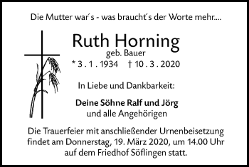 Traueranzeige von Ruth Horning von SÜDWEST PRESSE Ausgabe Ulm/Neu-Ulm