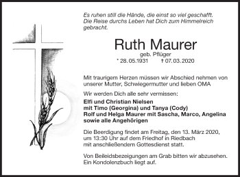 Traueranzeige von Ruth Maurer von Hohenloher Tagblatt